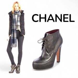 Authentic Chanel luxury designer Gunmetal
metallic textured leather boots sz 9